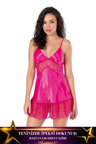 Aria's Closet Short Satin Nightgown One-Piece Model Fuchsia Color