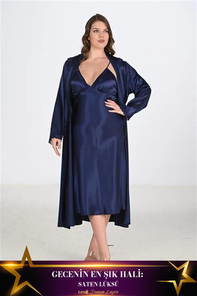 Letsii Large 2-Piece Satin Dressing Gown Set in Navy Blue Color