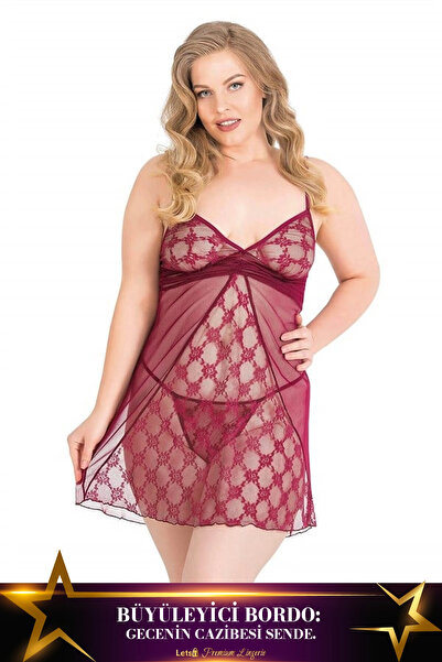 Letsii Large Short Tulle Nightgown Set in Burgundy Color
