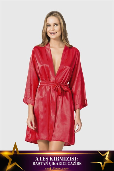 Letsii Short Satin Women's Dressing Gown Red Color