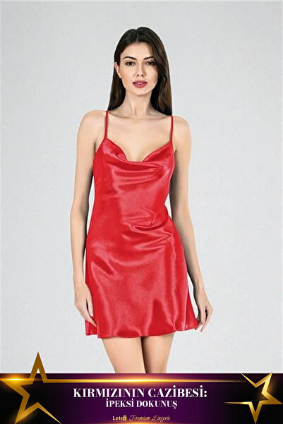 Letsii قميص نوم قصير من الساتان بياقة ديجاجيه باللون الأحمر