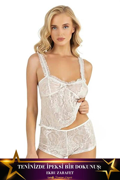 Letsii طقم شورتات من الساتان طقم من قطعتين لون إكرو