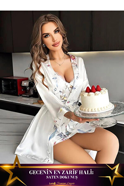 Letsii Floral Patterned, Low-Cut Chest Satin Nightgown Set, White Color