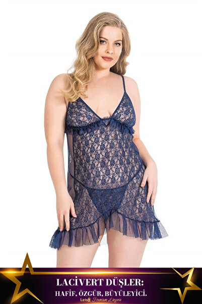 Letsii Large Short Tulle Nightgown Set in Navy Blue Color