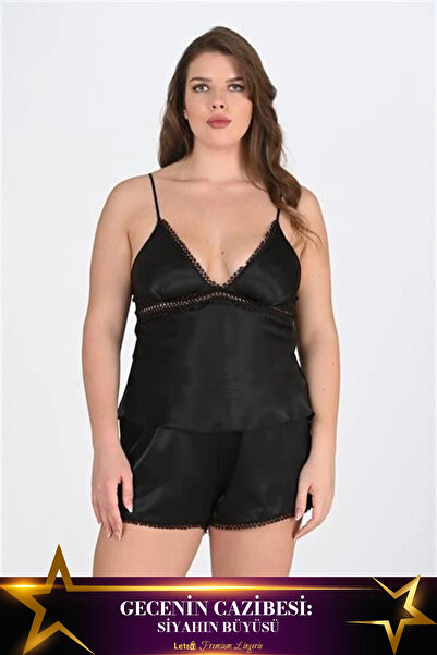 Letsii طقم شورتات ساتان كبير الحجم مكون من قطعتين باللون الأسود