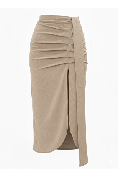 BY SE'MAS WEAR PREMİUM DRAPELİ YIRTMAÇLI KUŞAKLI KETEK KARIŞIMLI ETEK