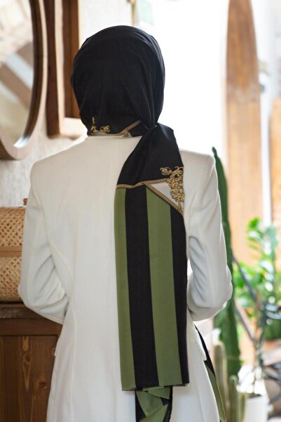 Vissona %100 İpek Şerit Ve Varak Desenli Haki - Siyah Renkli 92x210 Şal