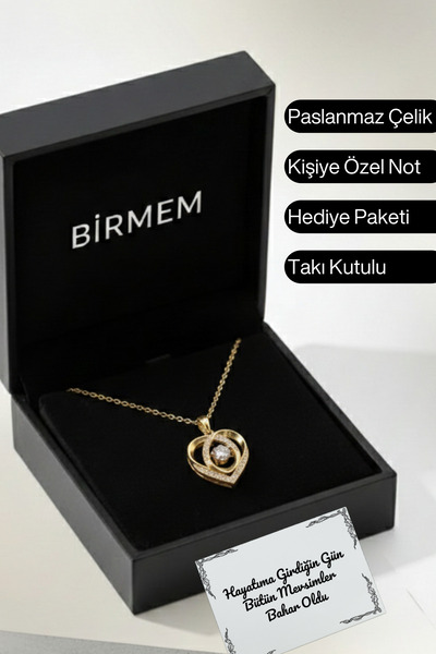 Birmem Çelik Sonsuz Aşk Kalp Figürlü Tektaş Detaylı Gold Renk Kadın Kolye