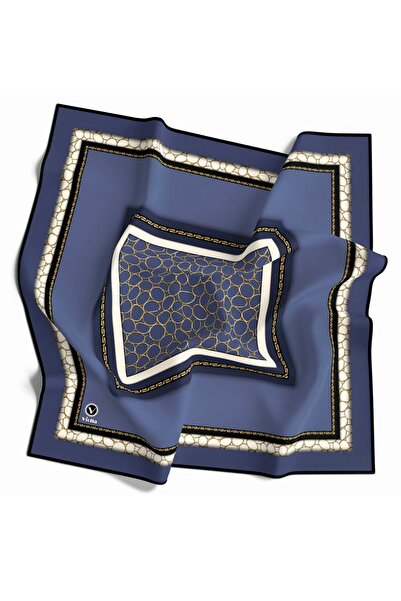 VİOLLA Twill Zincir Desenli İndigo Renkli 90x90 Eşarp (İpek İçermez) Kenar Di...