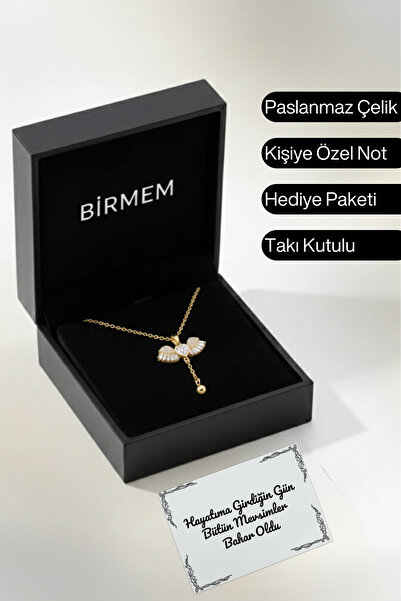 Birmem Kadın Melek Kanadı Kalp Detaylı Gold Kolye - Çelik Zarif Takı