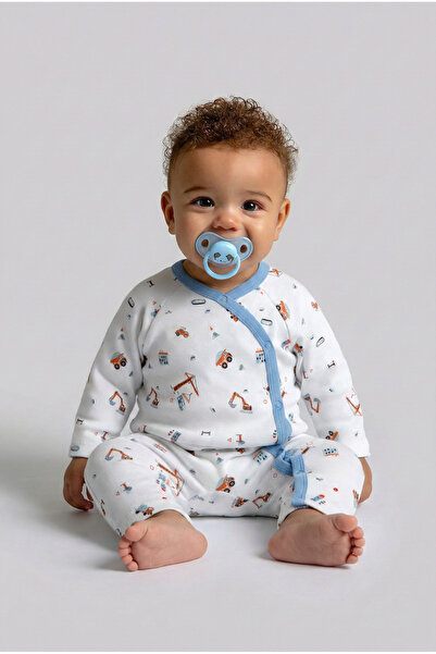 Kidyra %100 Pamuklu Mavi Biye Detaylı Kruvaze Yaka Çıtçıtlı Bebek Tulumu