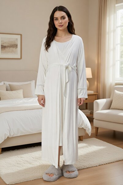 big mama Ekru Kadın Dantelli Dokuma Sabahlık Tam Boy Pamuklu Kısa Kol Gecelik...