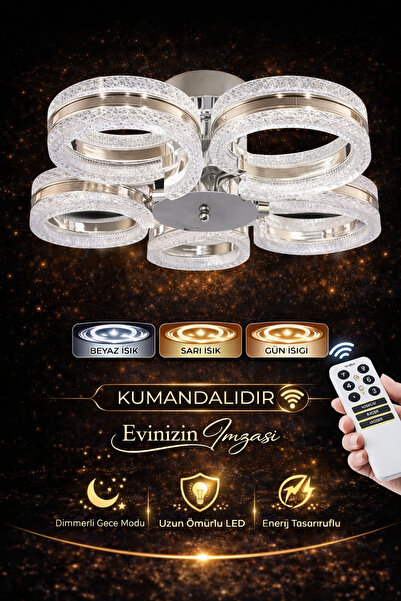 Marsel Lighting ALYA 5Lİ KROM KUMANDALI AVİZE PLAFONYER AVİZE 3 RENK LED SECE...