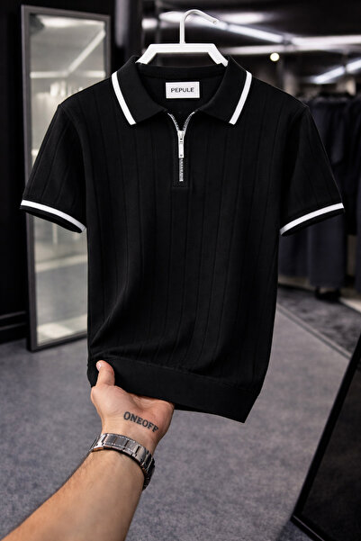 pepule Siyah polo Yaka Detaylı Örme Triko Tshirt