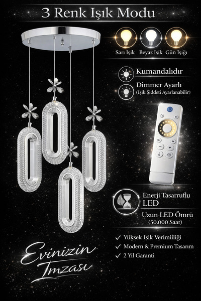 Marsel Lighting SERRA Model 4'lü krom 3 Renk Modu Ledli Modern Salon Mutfak O...