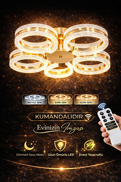 Marsel Lighting ALYA 5Lİ GOLD PLAFONYER KUMANDALI AVİZE 3 RENK LED SECENEKLİ ...