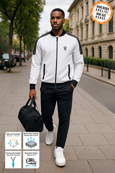 BESSA Men's White Tracksuit Set with Zippered Pockets and Straight Leg Patter...