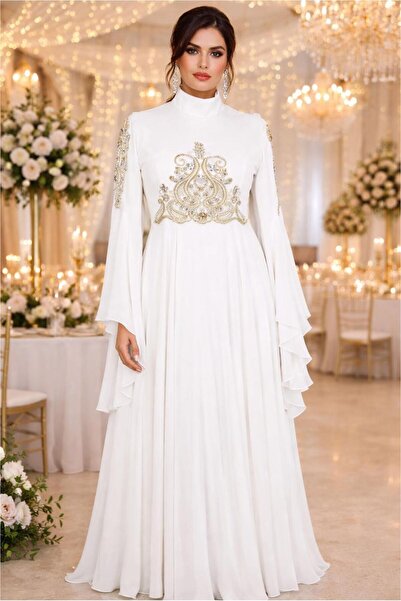 TRENDTESETTÜR KADIN KREM ŞİFON ABİYE ELBİSE T 5517