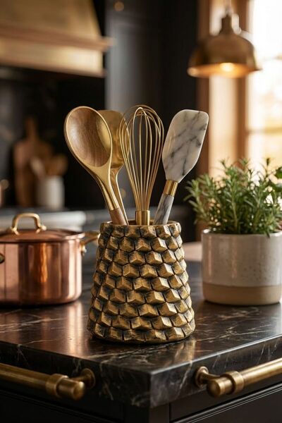 Evene Tezgah Üstü Kaşıklık Dekoratif Dik Kaşıklık Silindir Kaşıklık Altın Esk...