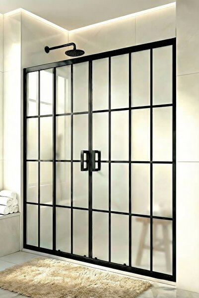 Durul Ön Cephe Siyah Çizgi Karolaj Desenli Komple Buzlu Temperli Duşakabin