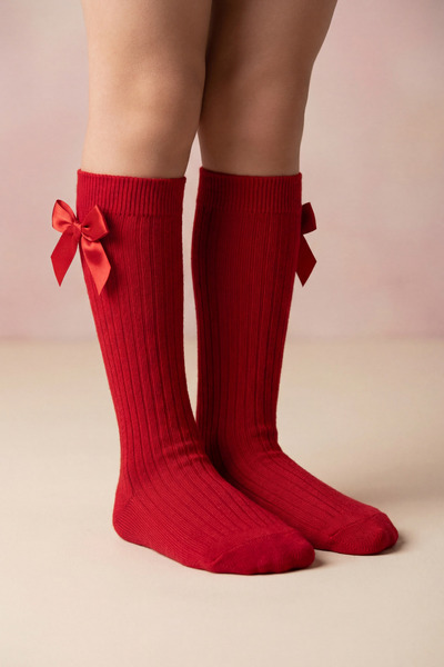 Katia&Bony Girl's Ribbon Bow Ribbed Knee Socks Red