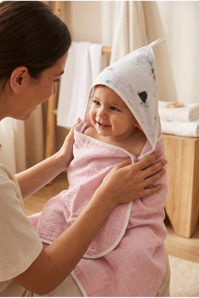 YUNUSOĞLU HOME رداء حمام للأطفال متعدد الأغراض من الموسلين باللون الوردي 4 طب...