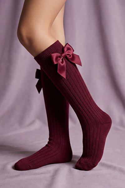 Katia&Bony Κοριτσίστικες κάλτσες μέχρι το γόνατο με κορδέλα και φιόγκο, μπορντό