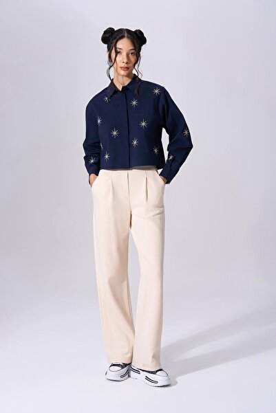 Naar Kadın Yüksek Bel Dokuma Kumaş Rahat Günlük Krem Pantolon NAAR91208-KREM