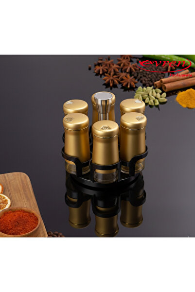 Evren 6’lı Cam Baharatlık Seti, Yuvarlak Tuzluk Biberlik Takımı ve Döner Stant