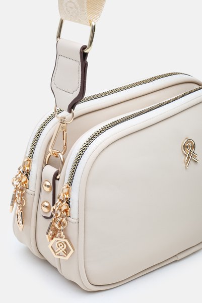 Les Crioch Cream 3-Compartment Buzzy Satin Leather Adjustable Webbing Strap Casual Women's Shoulder Bag