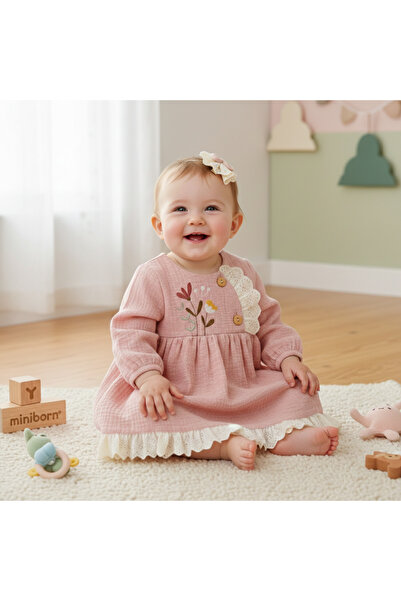 MİNİBORN Pamuklu Çiçek Nakışlı Dantel Detaylı 2li Kız Bebek Elbise