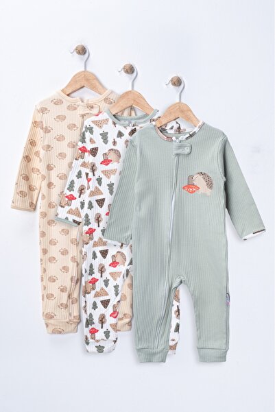 Mıdırık Unisex Erkek Bebek Kız Bebek %100 Pamuklu 9- 18 Ay Fermuarlı 3'lü Kir...