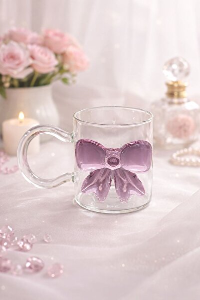 YzHome كوب زجاجي بتصميم شريط وردي مع مقبض