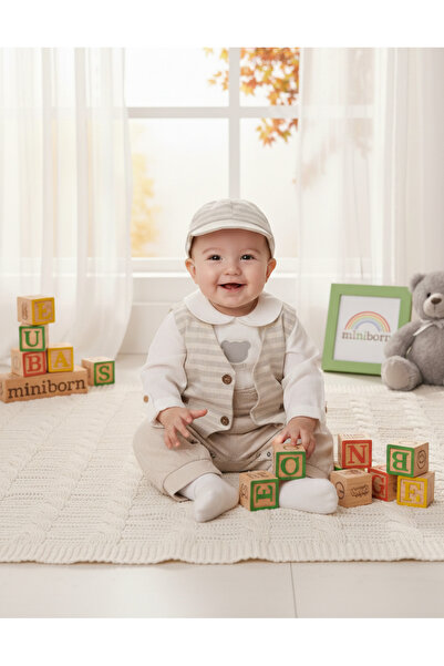 MİNİBORN Cotton Striped Vest Set 3-Piece Baby Boy Set