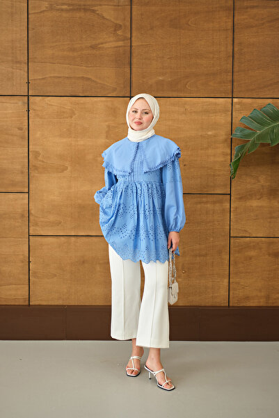 LOCCO قميص طوق الطفل الدانتيل الأزرق