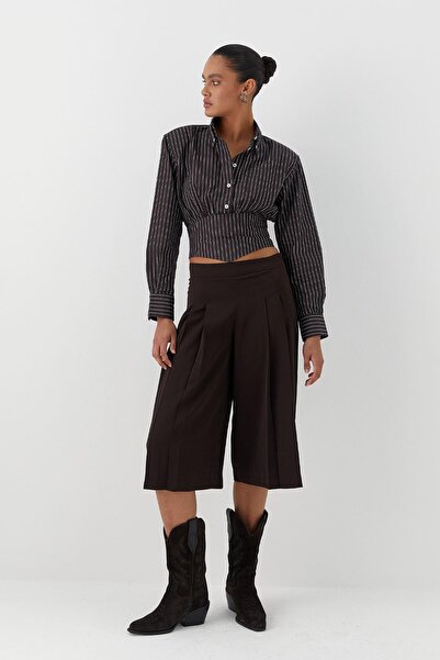 MARKALİSTE Πλισέ παντελόνι χαμηλής μέσης καφέ