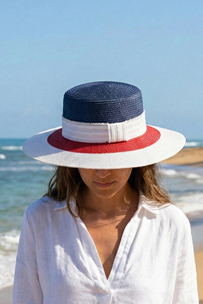 Bay Şapkacı قبعة نسائية من القش - قبعة شاطئ وعطلات ثلاثية الألوان 3857