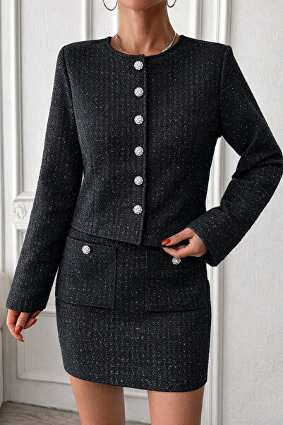mass fashion Kadın Tüvit Ceket ve Etek Takım - Siyah
