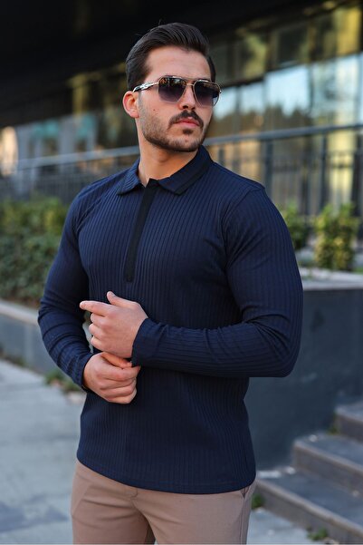 masso Men's Corded Fabric Fabric Polo Neck Half Zipper Sweater