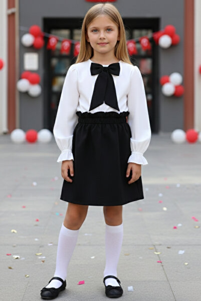 Parla Kids Set pentru fete cu mânecă lungă, fustă neagră, bluză ecru, eșarfă,...