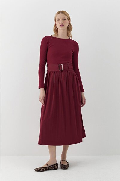 MARKALİSTE Long Sleeve Ribbed Knit Dress Burgundy