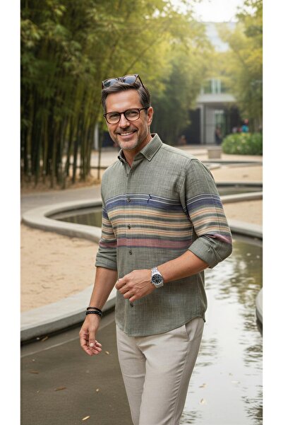 MEGALDİ Erkek Slim Fit Kesim Linen Keten Blok Desenli Yeşil Uzun Kollu Gömlek