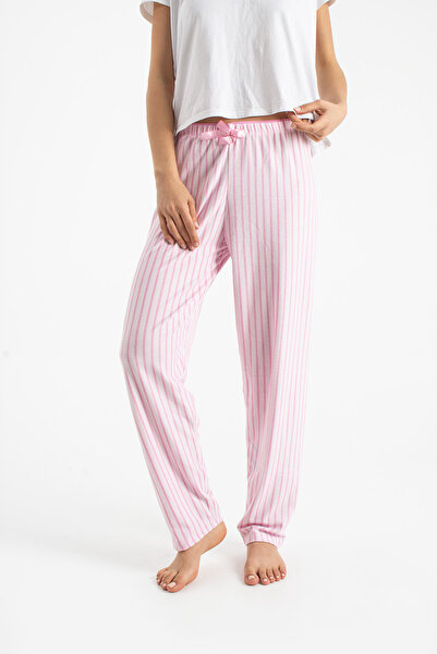 Ecrou Pantaloni de pijama pentru femei, din piele intoarsa cu dungi pudrate