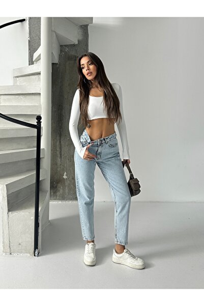 BLUE MARLIN بنطلون جينز نسائي عالي الخصر بتصميم الثلج والجليد