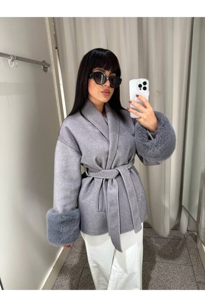 Maxi modena Fur detailed belted women's jacket