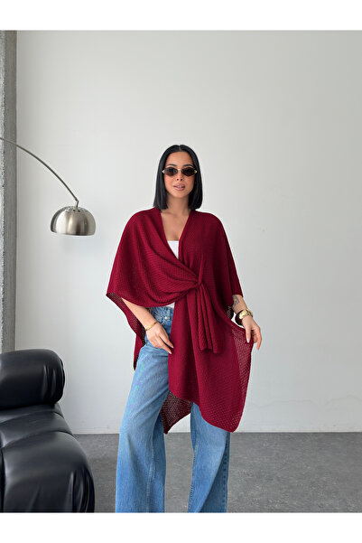 LE CARAMBOLE Women's Burgundy Front Detailed Poncho Cardigan