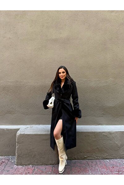 Maxi modena Premium Fur Collar and Fur Cuff Belted Long Cashmere Coat