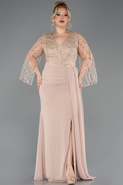 Abiyefon Gold Üstü Pullu Uzun Kol Şifon Büyük Beden Abiye ABU5624