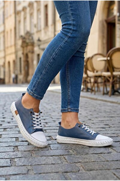 Kadın Hakiki Deri Mavi Sneaker El Dikişli Günlük Spor Ayakkabı Bağcıklı Rahat Taban
