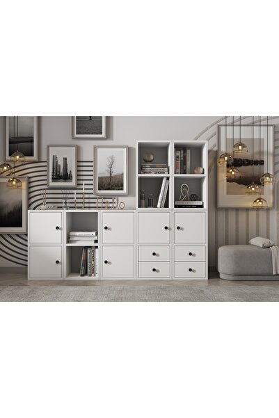 Nettrends 6 Kapakli Çekmeceli Kitaplik 165 Cm Beyaz Ktp-1441-ç